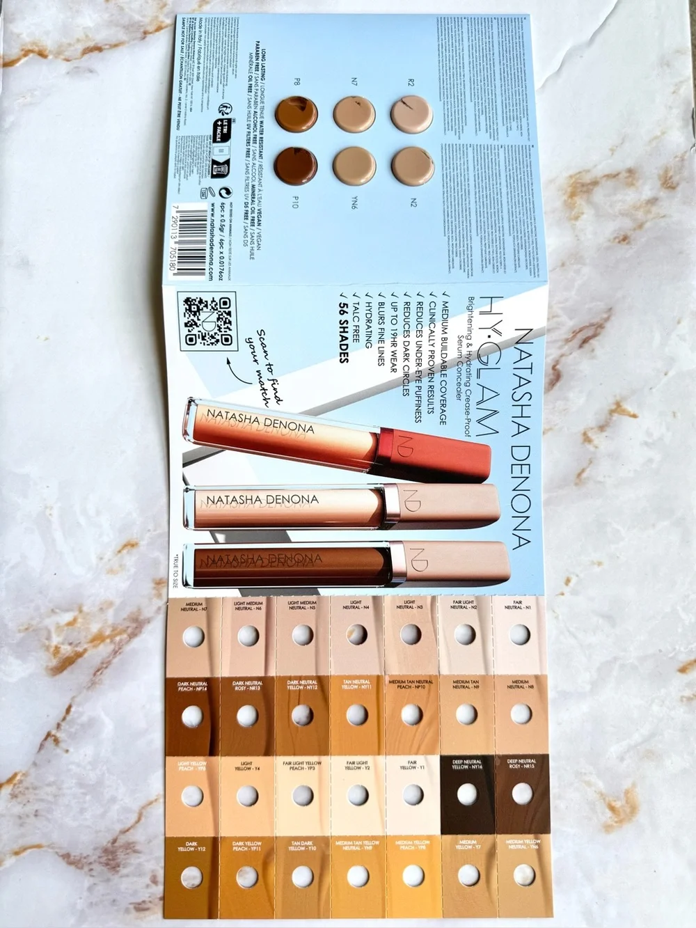 Natasha Denona HY-GLAM Serum Concealer 6 Shade Sample Card Brightening & Hydrate